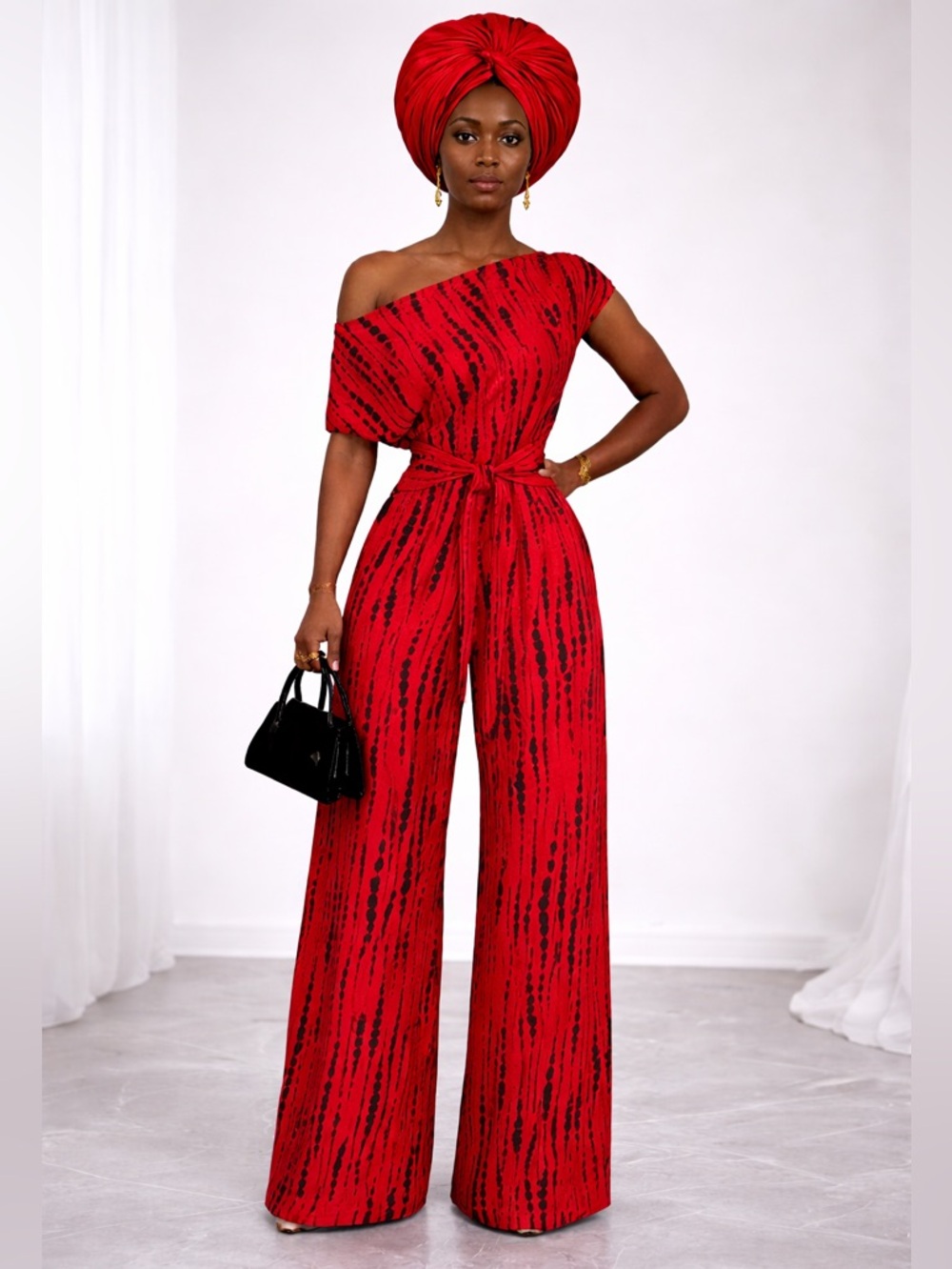 Red Wide-Leg Off-Shoulder Tie-Waist Jumpsuit